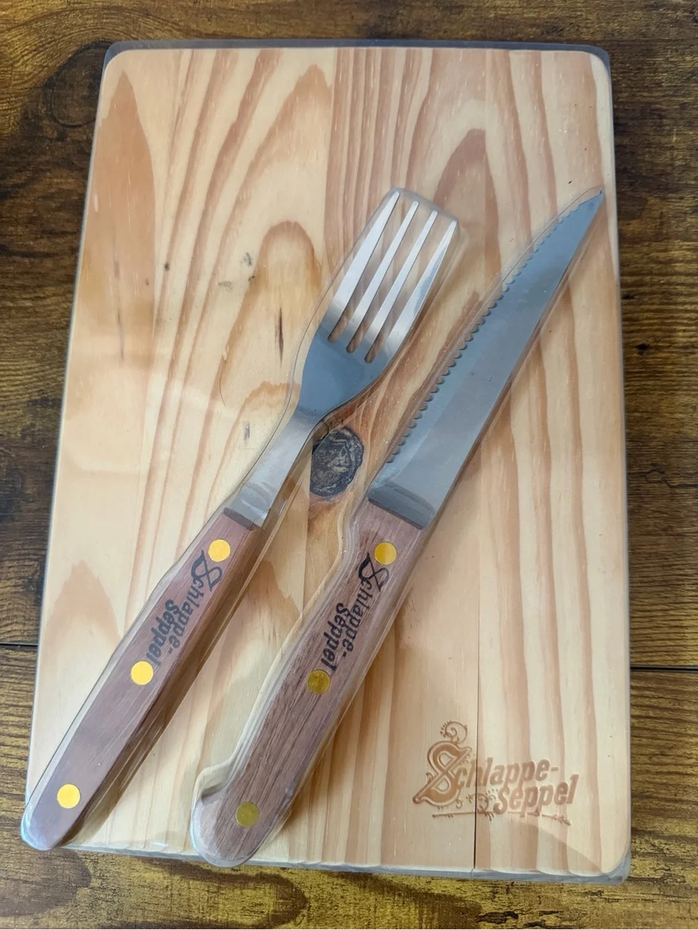 Schlappe Seppel German Brewery Steak Board Knife Fork Set Sealed Advertising NOS